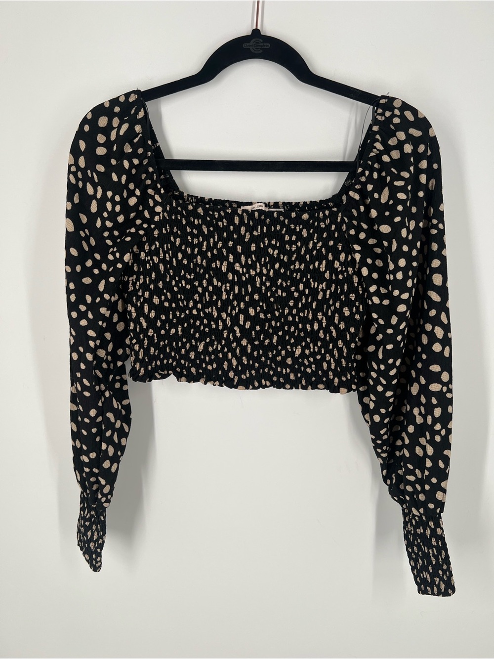 Francesca's Mi Ami Black Smocked Crop Top Cream Spot Print Size Small NWT